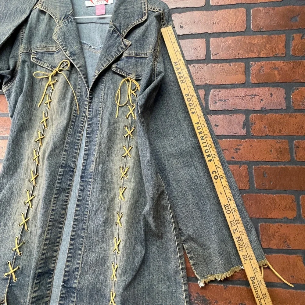 Mwah Jeans Y2K Acid Wash Denim duster Jacket Raw Frayed Edge Cord Leather Lacing